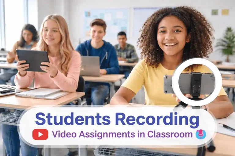 students recording video assignments in classroom